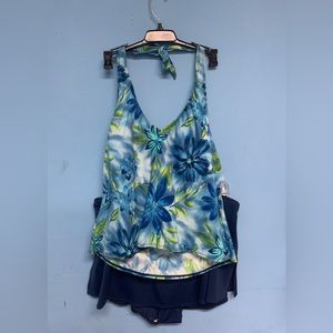 24 D cup 2 piece skirted tankini navy blue  swimsuit e4288